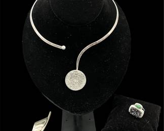 Pyrite In Sterling Wrap Chocker Necklace, Black And Green Stones Set In Sterling Silver Ring Sterling Brooch