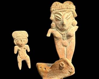 Colima Whistle, Red And Brown Clay Figures In The Style Of Chupicaro