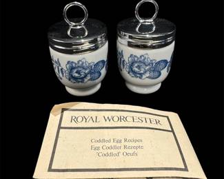 Royal Worcester Egg Coddler Pair Blue White With Floral Pinecone Pattern