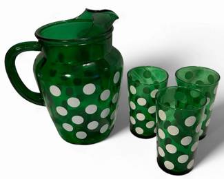 Anchor Hocking Pitcher And 3 Juice Glasses Green Polka Dot