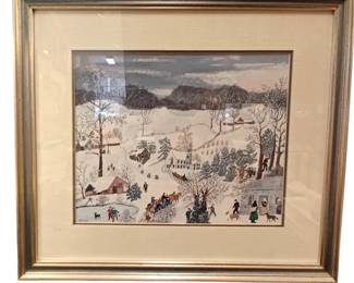 Grandma Moses Print Winter Village Scene