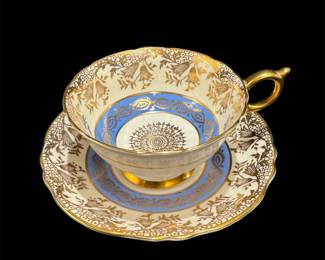 Paragon Fine Bone China Teacup Saucer MCM Blue White Gilded Made In England