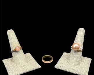 Sterling Silver Ring With Pink Stones, Faux Pearl Ring Solid Band With Salmon Coloring