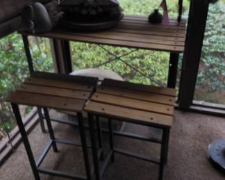 wood slats table and stools