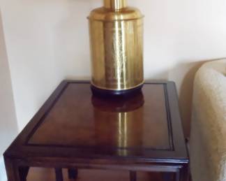 end table and brass lamp