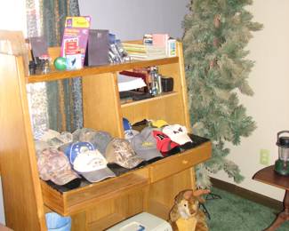 Desk, caps, small animal crate and more