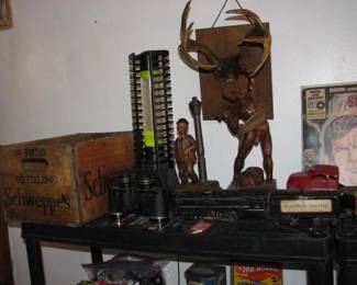 Lava lamp, wood carving, wood crate, six million dollar man record, vintage train