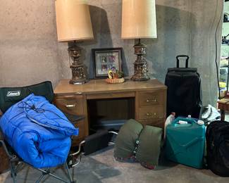 Camping supplies, Vintage lamps/desk