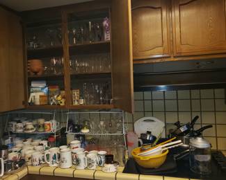 Stemware, coffee mugs,  pots & pans