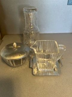 glass water decanter with drinking glass, sugar and creamer set