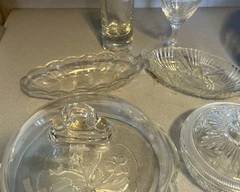 vintage cheese dome, candy dish, pickle boats, vase and wine goblet