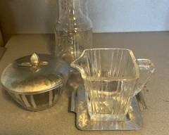 glass water decanter with drinking glass, sugar and creamer set