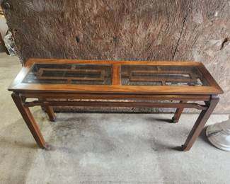 ASIAN INSPIRED WOOD AND GLASS SOFA OR ENTRY TABLE