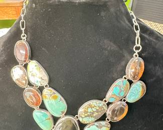 Silver Turquoise and amber necklace 