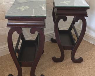 Pair of cherry stained wood end tables with glass tops