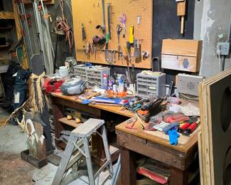 This table features a mixture of miscellaneous tools, including a set of dowels, ready to align and join stuff together.  Honestly, it is better for you to come by and see what is here.  Remember, the garage opens at noon on Friday, not at 10: 00 am.  On Saturday, it will open at 10 am.