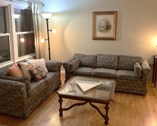 This room has a matching sofa and loveseat, plus the glass-top coffee table.  The triangular tray on the table is unusual.