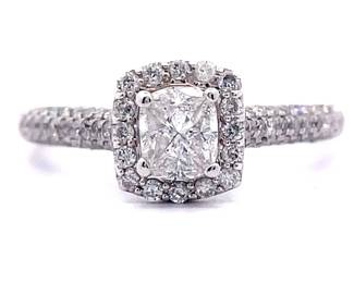 0.80 Carat Diamond Pavé Cushion Halo Cathedral Ring in 14k White Gold