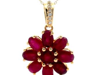 NEW! Ruby Flower Pavé Diamond Pendant Necklace