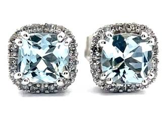 NEW! Aquamarine & Pavé Diamond Cushion Halo Stud Earrings in White Gold
