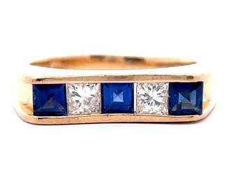 0.40 Carat Diamond & Blue Sapphire Channel Square Top Ring in 14k Yellow Gold 
