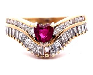 Ruby Heart & Diamond Double Row Chevron Ring in 14k Yellow Gold