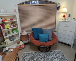 Papasan Chair, Chest of Drawers, White Book Shelf