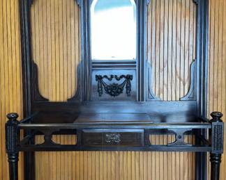 Gorgeous Antique Hall Tree with Brass Rams Head Hooks and Hardware and Beveled Glass Mirror