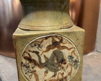 Vintage Rustic Stoneware Pottery Square Vase with Lid