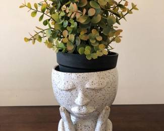 Whimsical Ceramic Face Vase with Faux Plant