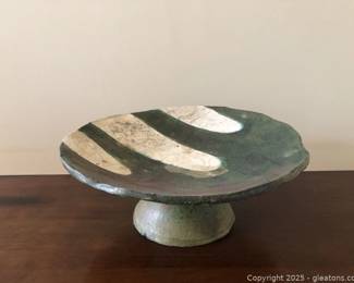 Handmade Distressed Pottery Pedestal Bowl