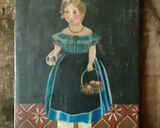 Folk Art painted  portrait on antique breadboard - Pam Schefferl