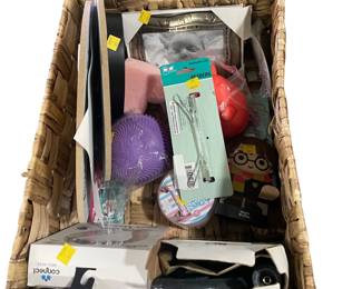 Woven basket with stocking stuffer items