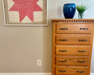 Framed quilt piece, lingerie chest
51” tall by 23” wide