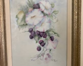 #56	hand painted by Mickey Opp framed petunia flowers porcelain 12x16 	 $30.00