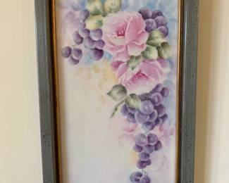 #58	hand painted by Mickey Opp framed porcelain rose and grapes 7x13	 $25.00