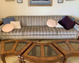 #48	blue strip midcentury  sofa 99 long x31x26 attach back 	 $126.00 
#49	3 snake style table to make a coffee table with glass insert top  26x18x16	 $120.00