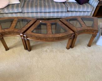 #48	blue strip mid century  sofa 99 long x31x26 attach back 	 $126.00 
#49	3 snake style table to make a coffee table with glass insert top  26x18x16	 $120.00 sold