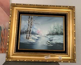 #171	 Jerry florca orginal painting of snow water and trees 20x17	 $75.00