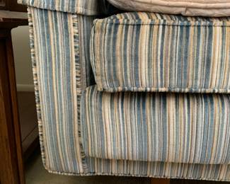 #48	blue strip mid century  sofa 99 long x31x26 attach back 	 $126.00