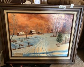 #176	Mickey Opp original painting of cabin and snow roads 30x24 frames	 $75.00