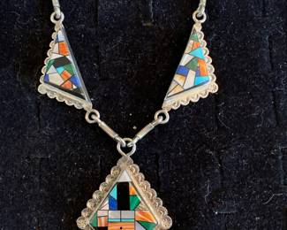 Beautiful inlay Navajo necklace.  Signed by the artist.
