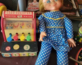 Fisher-Price cash register. 1967 Mrs. Beasley doll.