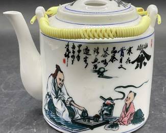 Asian Figural Motif Ceramic Teapot, Lidded

