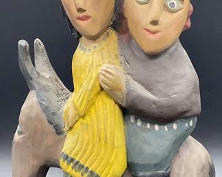 Hand Carved Wood Figures Riding Donkey Statue 14in
