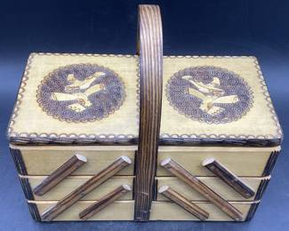 Vintage Handmade Wooden Tiered Sewing Box
