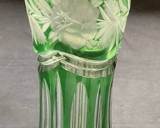Vintage Green to Clear Cut Glass Vase
