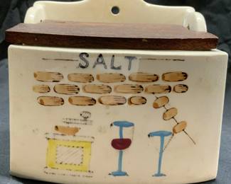 KITCHEN KING Vntg Porc Wall Salt Container W Lid
