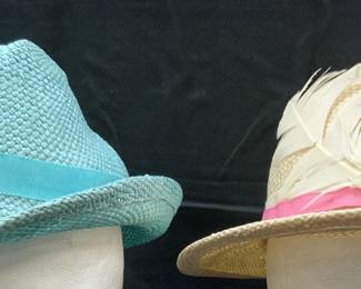 Lot 2 Brimmed Woven Straw Hats W Feathers
