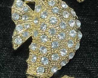 Gold Tone Crystal Seahorse Brooch

